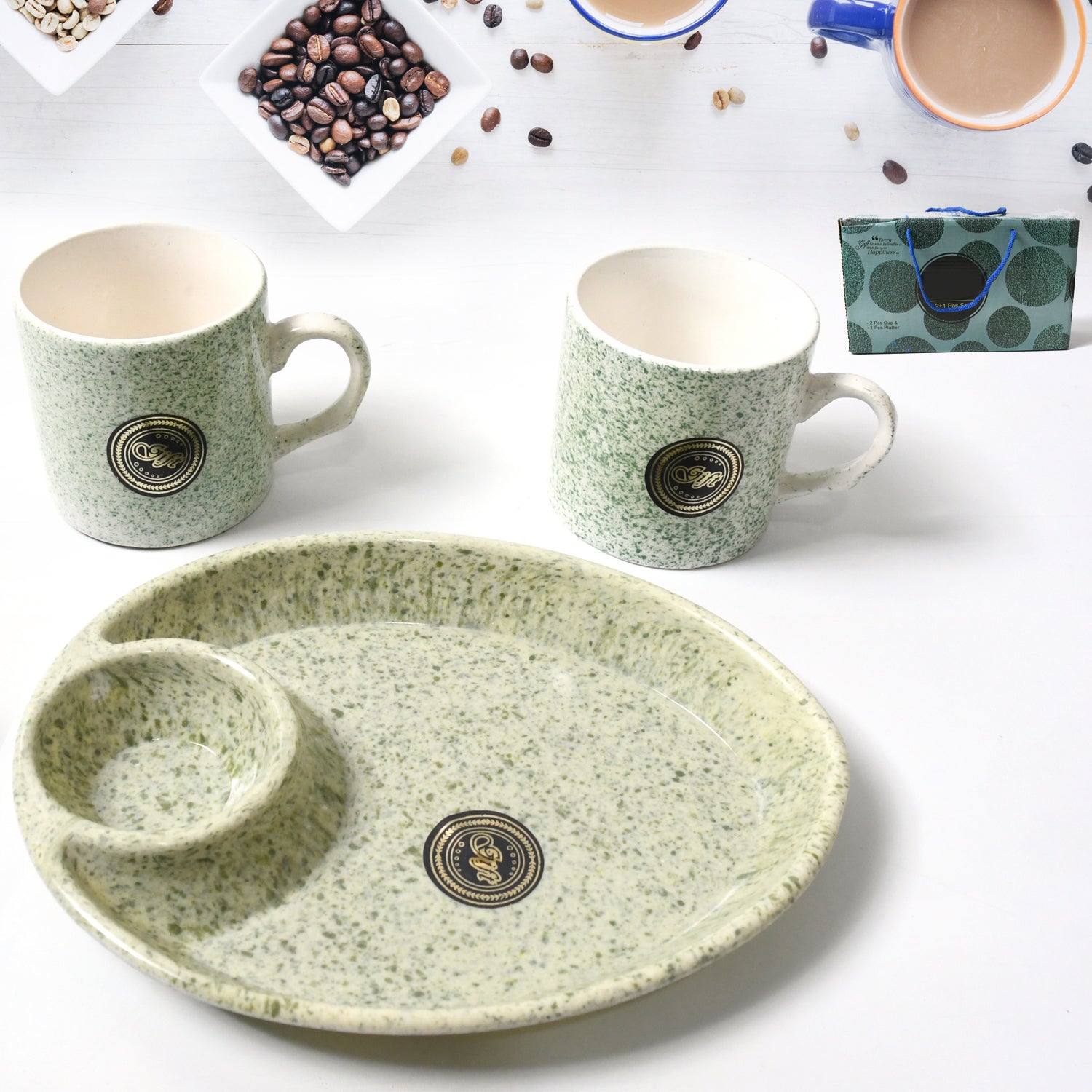 Ceramic Tea/Coffee Cup Set - Alpino 3-Piece 2-Compartment Serving Platter (BPA-Free)
