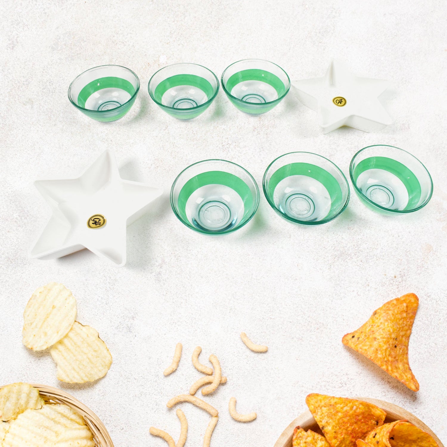 Star Station 6 Pc Glass Bowl & 2 Pc Plastic Star Snack Bowl Set (8 Pcs Set)