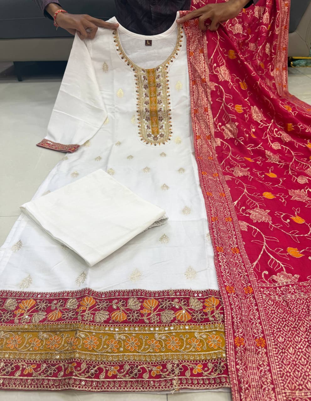 Pure Kanjivaram Silk Kurta Set with Zari Stripe Dupatta & Chanderi Bottoms – Festive 3 Piece Suit