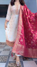Pure Kanjivaram Silk Kurta Set with Zari Stripe Dupatta & Chanderi Bottoms – Festive 3 Piece Suit