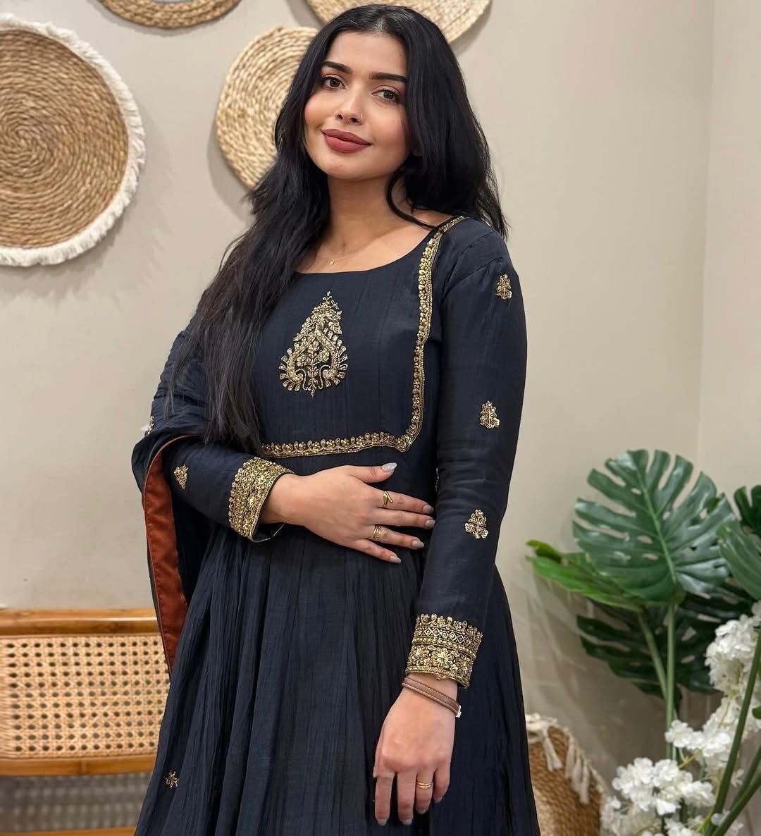 Heavy Fox Georgette Embroidered Gown Set with Dupatta & Pant – 4 Meter Flair, Fully Stitched