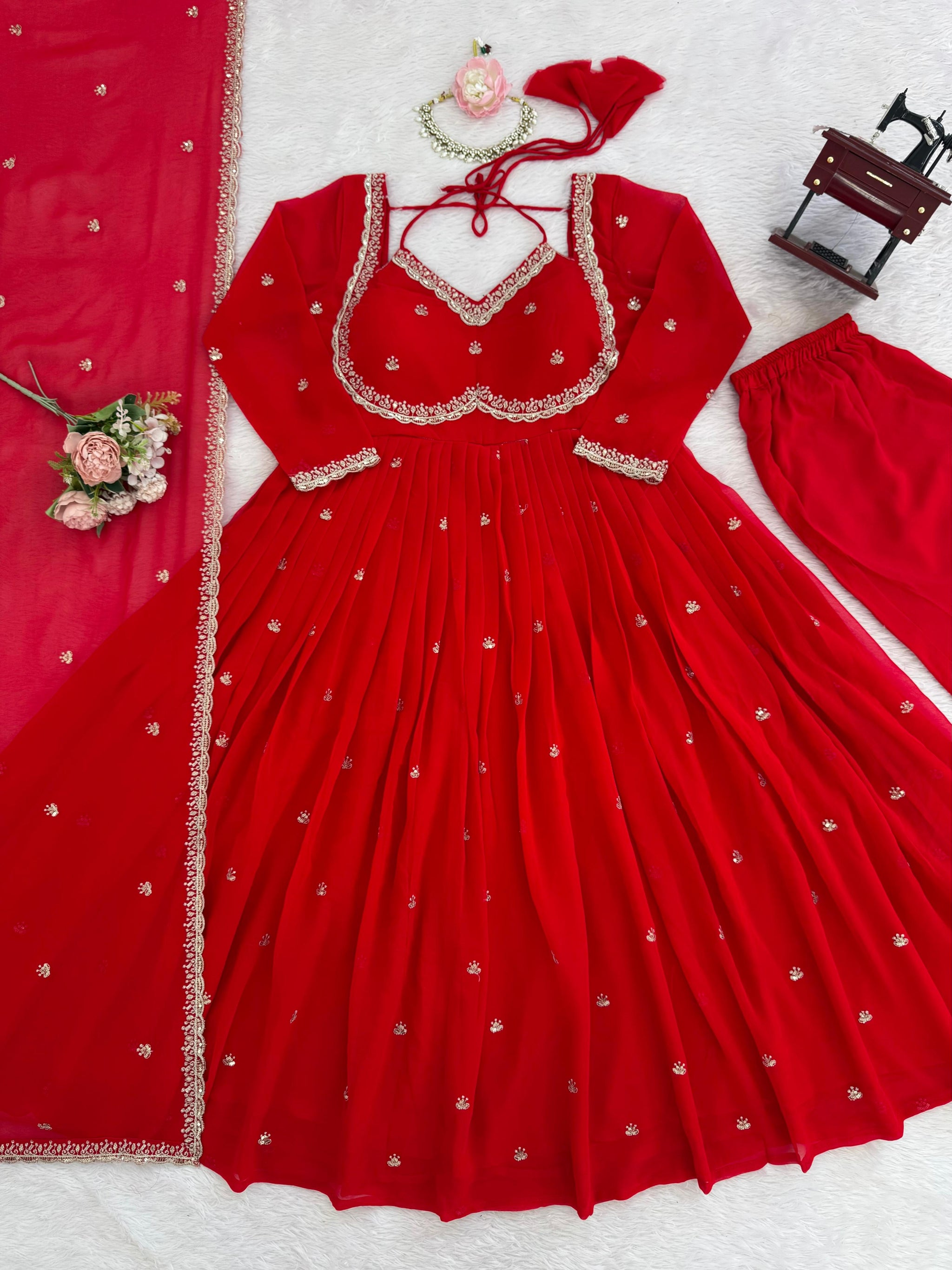 Faux Georgette Anarkali Suit Set with Pant & Lace Dupatta – 4 Meter Flair, Fully Stitched