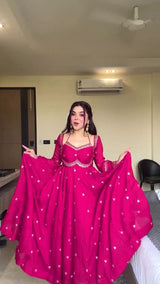 Faux Georgette Anarkali Suit Set with Pant & Lace Dupatta – 4 Meter Flair, Fully Stitched