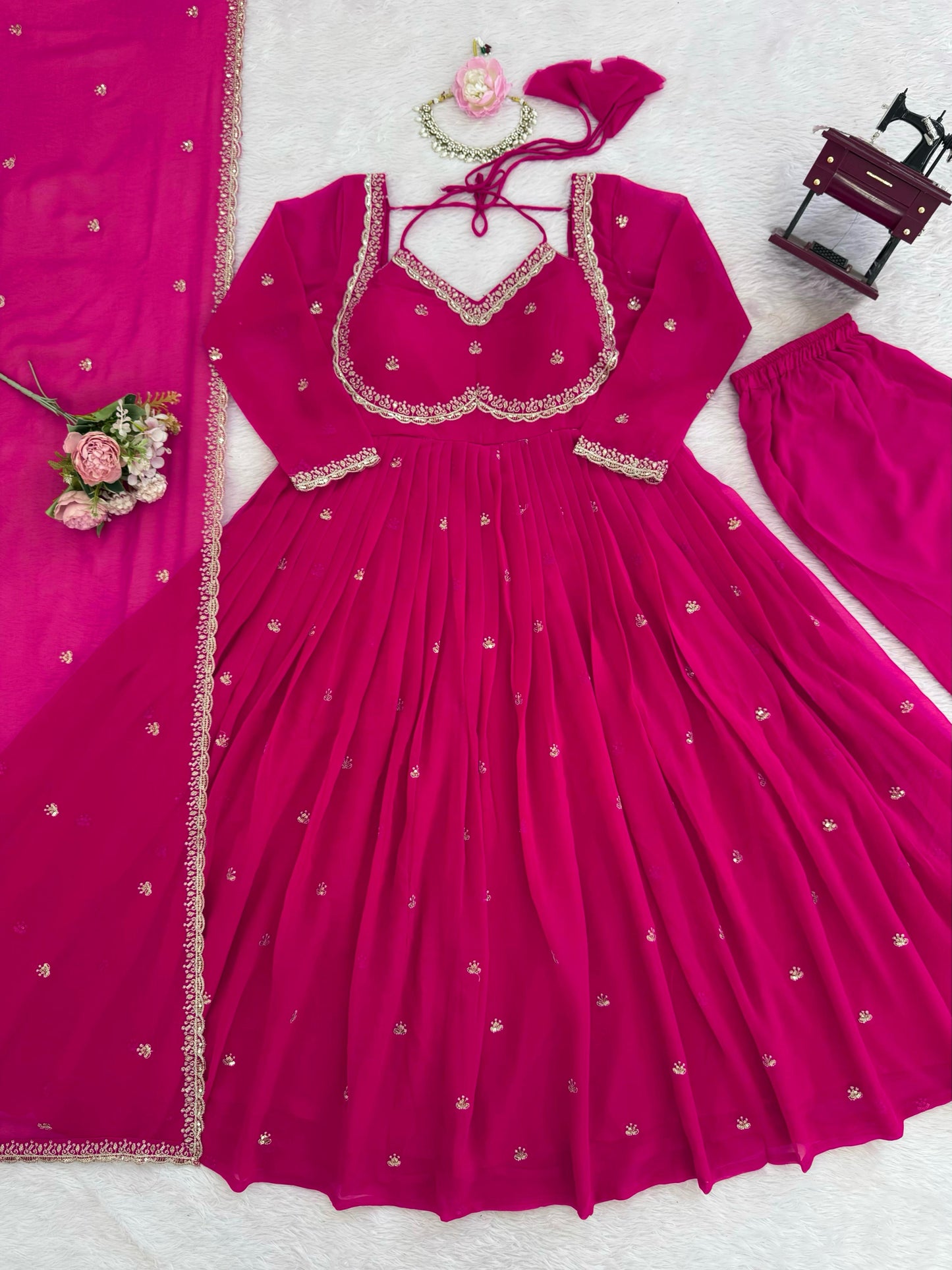 Faux Georgette Anarkali Suit Set with Pant & Lace Dupatta – 4 Meter Flair, Fully Stitched
