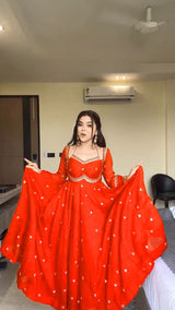 Faux Georgette Anarkali Suit Set with Pant & Lace Dupatta – 4 Meter Flair, Fully Stitched