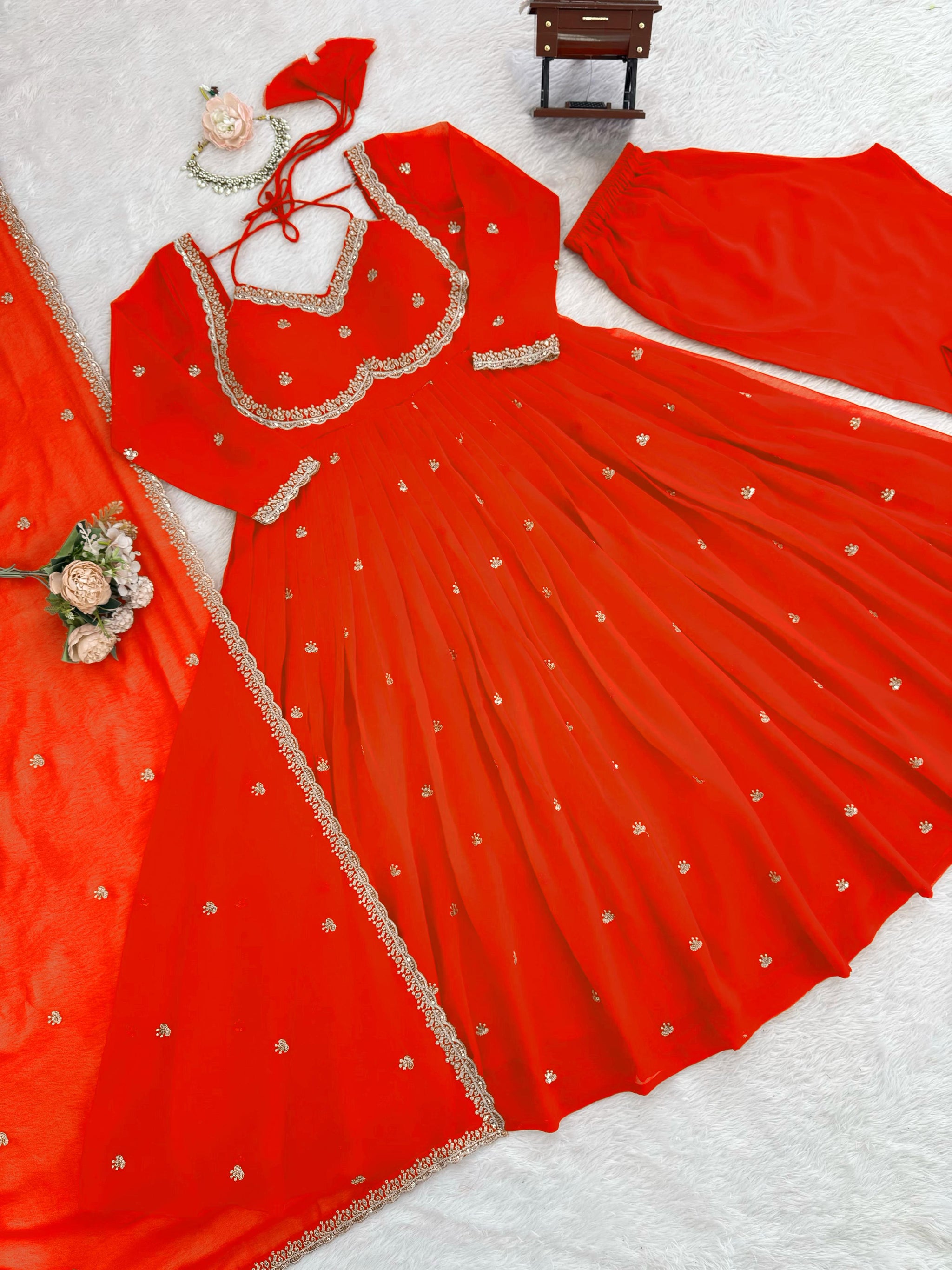 Faux Georgette Anarkali Suit Set with Pant & Lace Dupatta – 4 Meter Flair, Fully Stitched