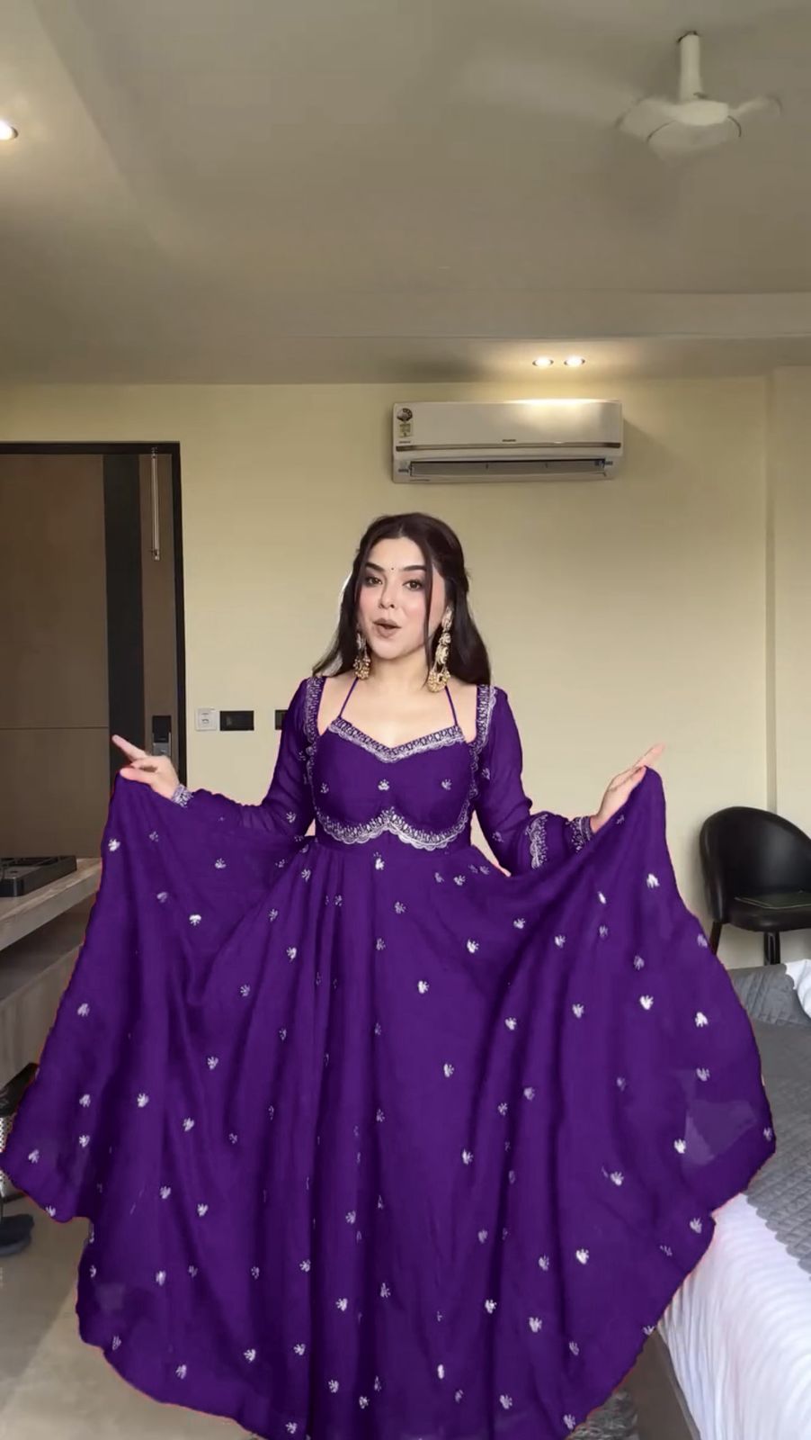 Faux Georgette Anarkali Suit Set with Pant & Lace Dupatta – 4 Meter Flair, Fully Stitched