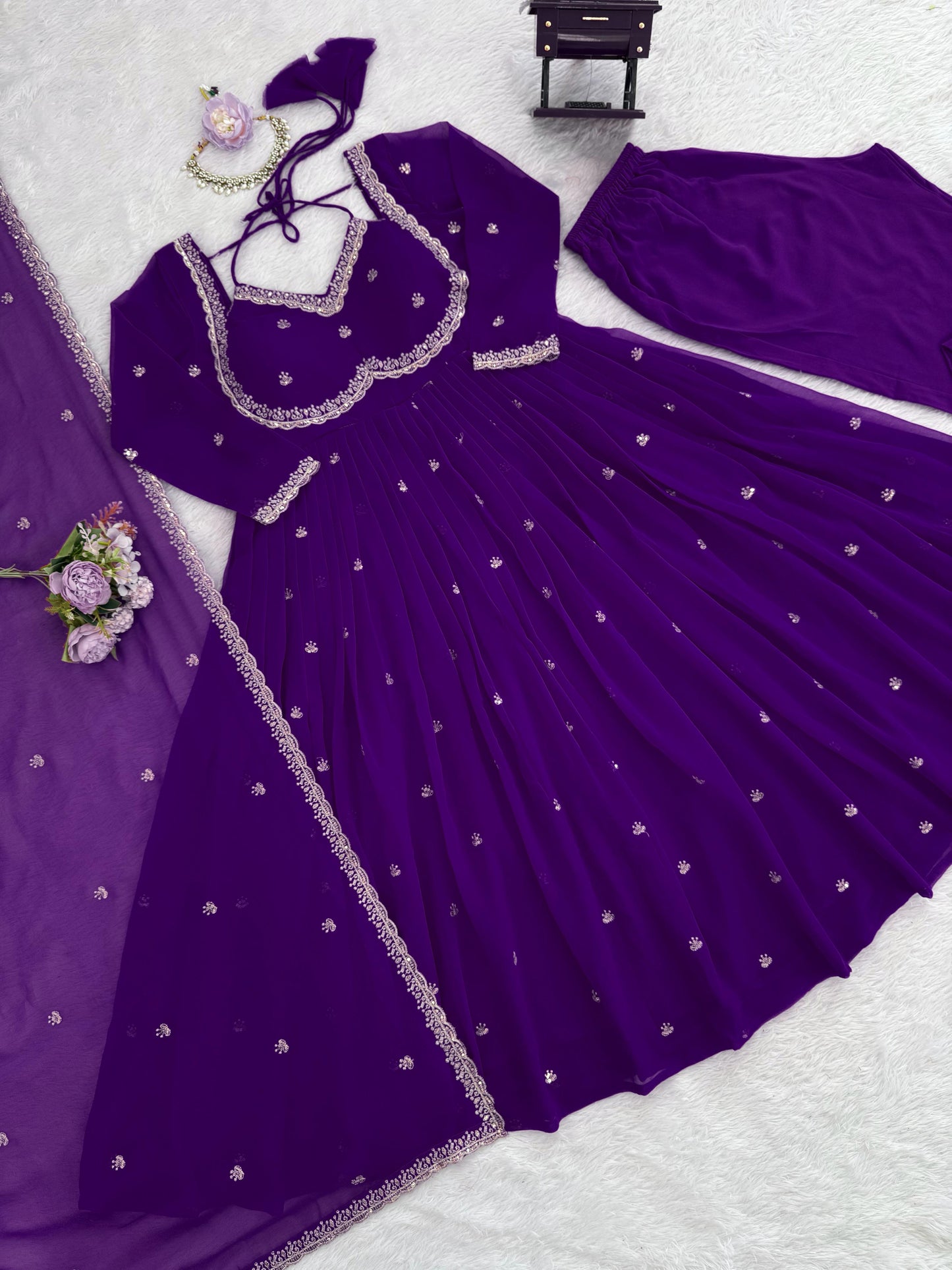 Faux Georgette Anarkali Suit Set with Pant & Lace Dupatta – 4 Meter Flair, Fully Stitched
