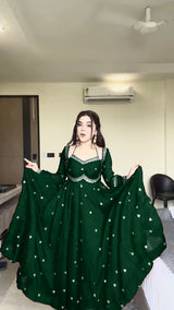 Faux Georgette Anarkali Suit Set with Pant & Lace Dupatta – 4 Meter Flair, Fully Stitched
