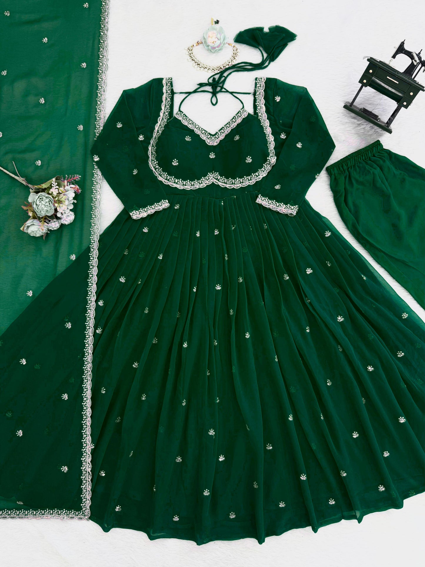 Faux Georgette Anarkali Suit Set with Pant & Lace Dupatta – 4 Meter Flair, Fully Stitched