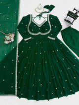 Faux Georgette Anarkali Suit Set with Pant & Lace Dupatta – 4 Meter Flair, Fully Stitched