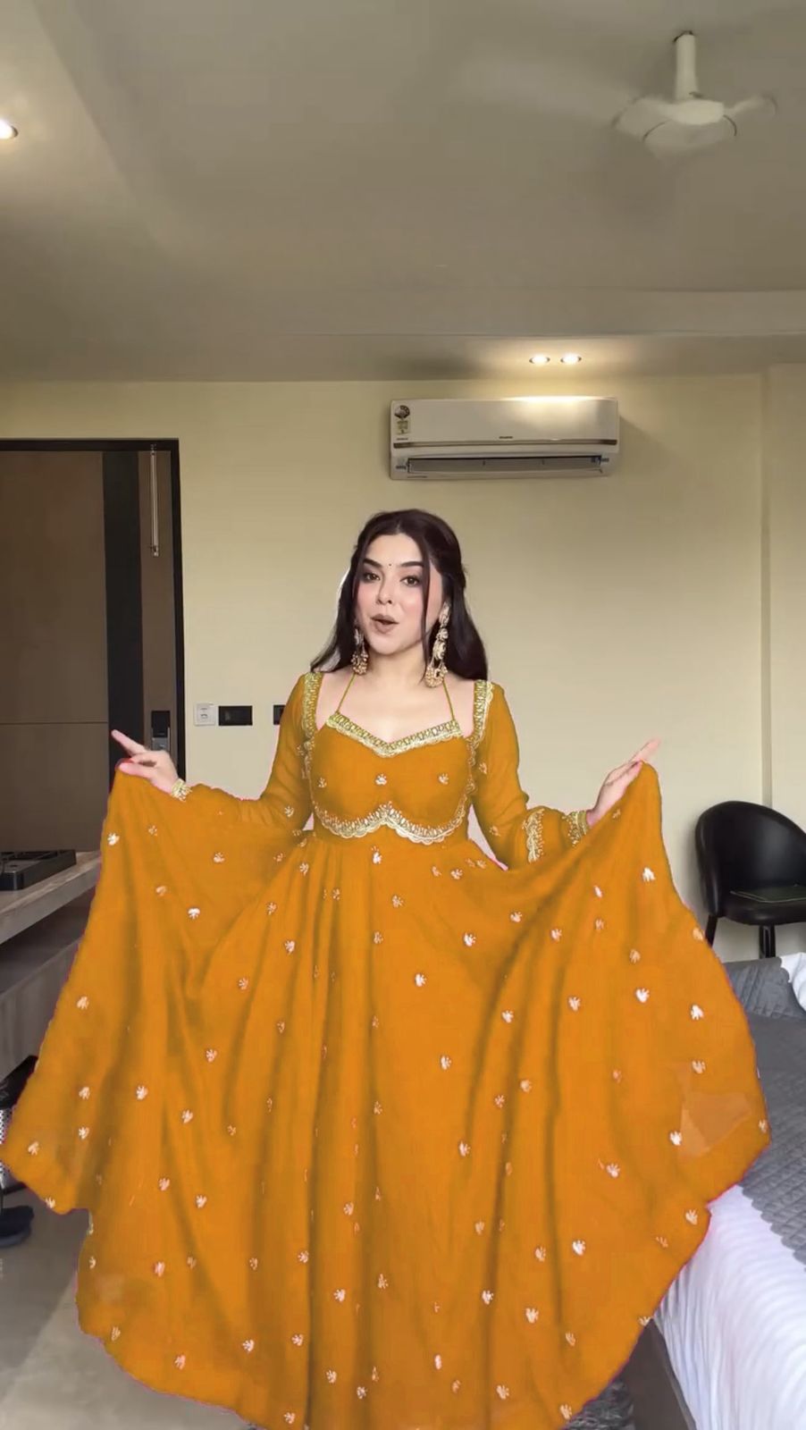 Faux Georgette Anarkali Suit Set with Pant & Lace Dupatta – 4 Meter Flair, Fully Stitched