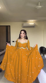 Faux Georgette Anarkali Suit Set with Pant & Lace Dupatta – 4 Meter Flair, Fully Stitched