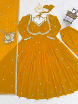 Faux Georgette Anarkali Suit Set with Pant & Lace Dupatta – 4 Meter Flair, Fully Stitched
