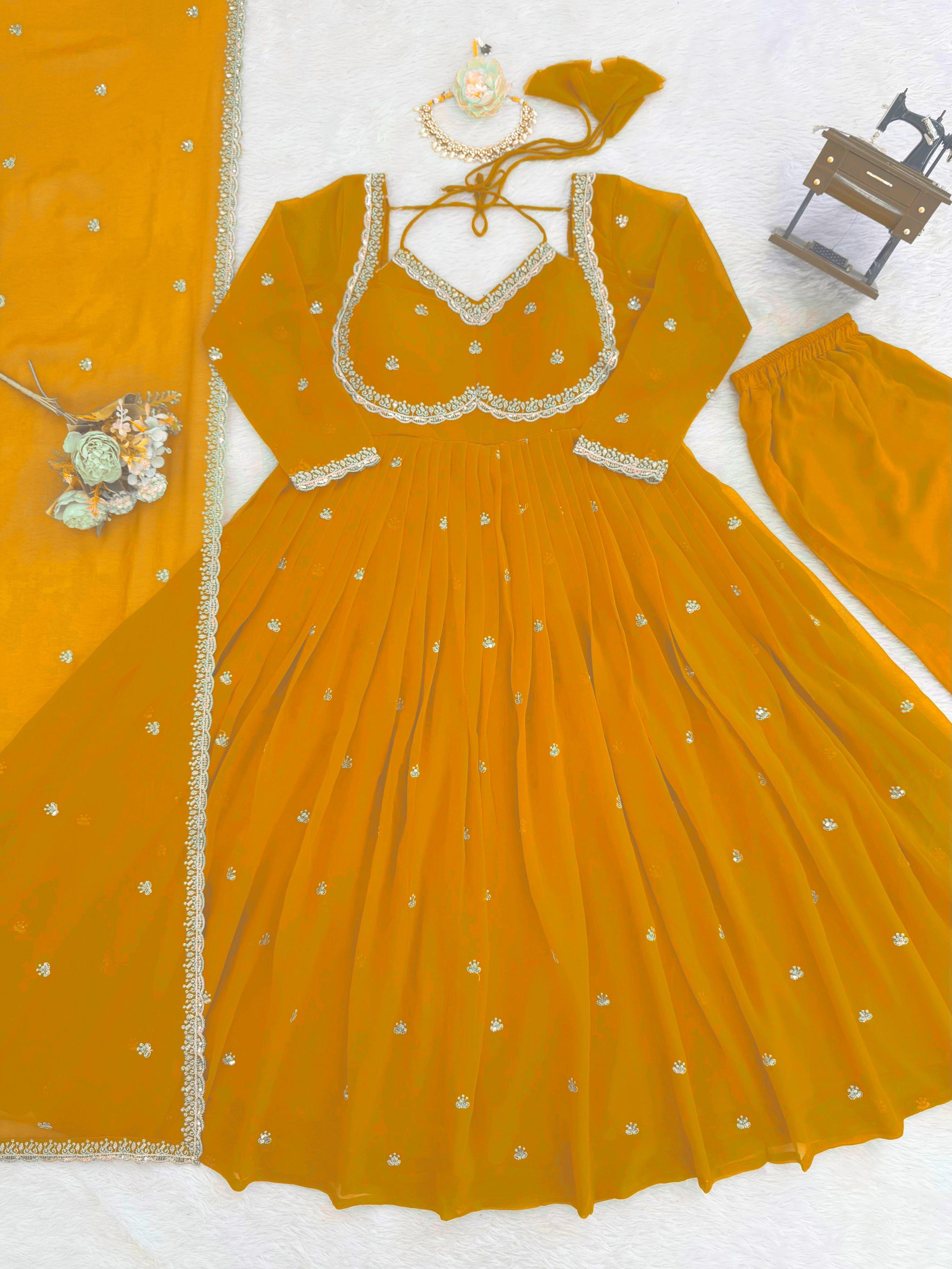 Faux Georgette Anarkali Suit Set with Pant & Lace Dupatta – 4 Meter Flair, Fully Stitched