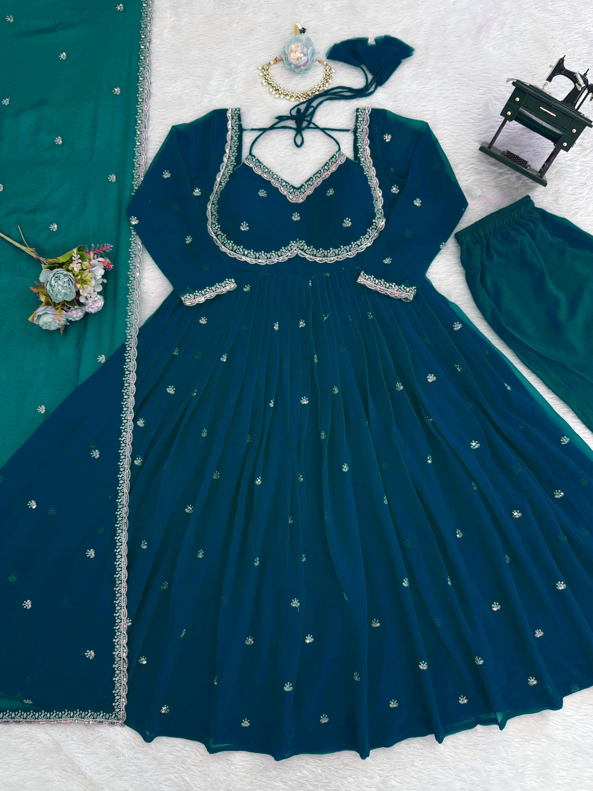 Faux Georgette Anarkali Suit Set with Pant & Lace Dupatta – 4 Meter Flair, Fully Stitched