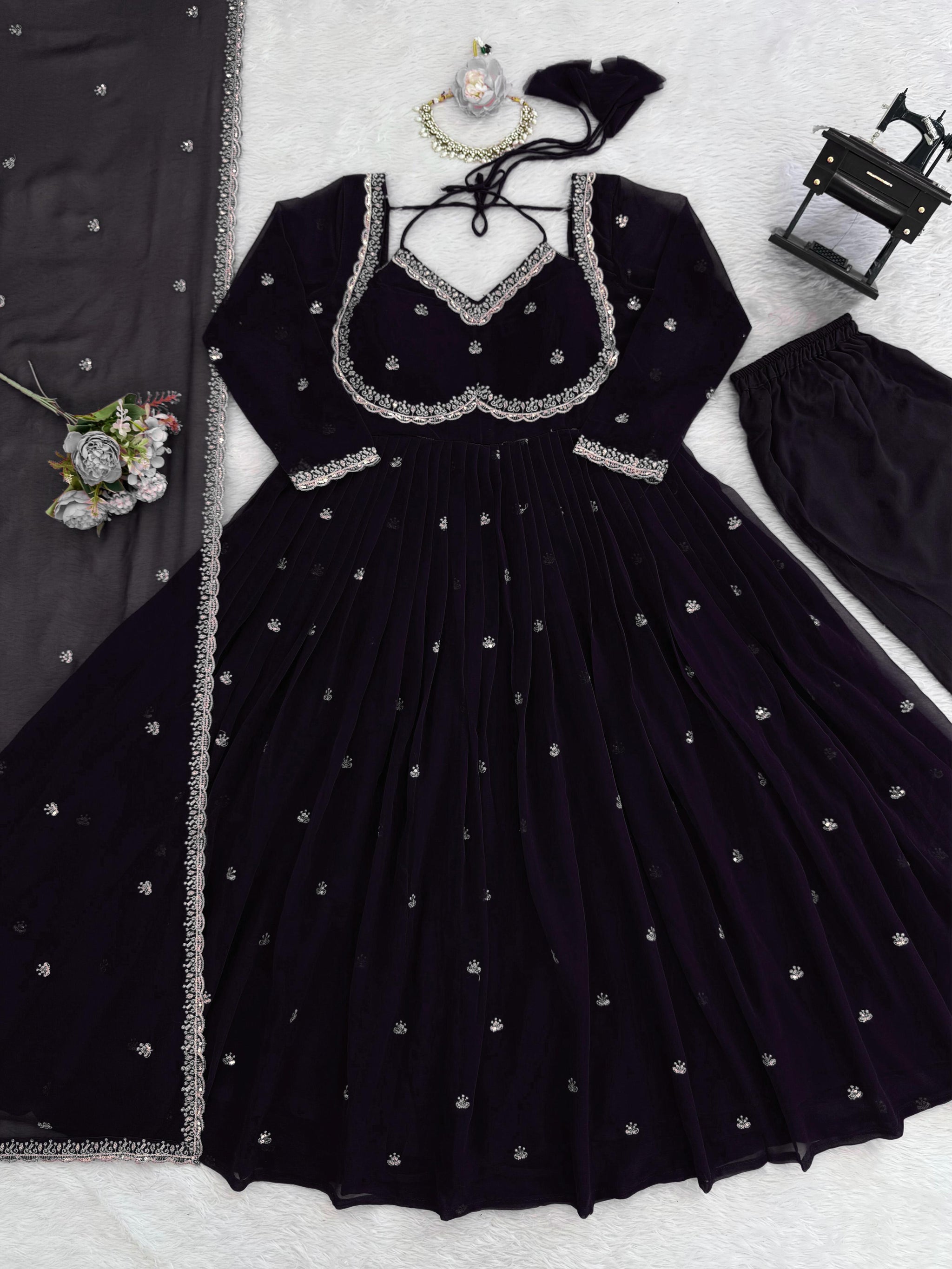 Faux Georgette Anarkali Suit Set with Pant & Lace Dupatta – 4 Meter Flair, Fully Stitched