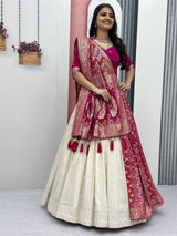 Wedding Special Jacquard Silk Saree dupatta & Pure Simar Silk Lehenga Set with Moti Work Blouse