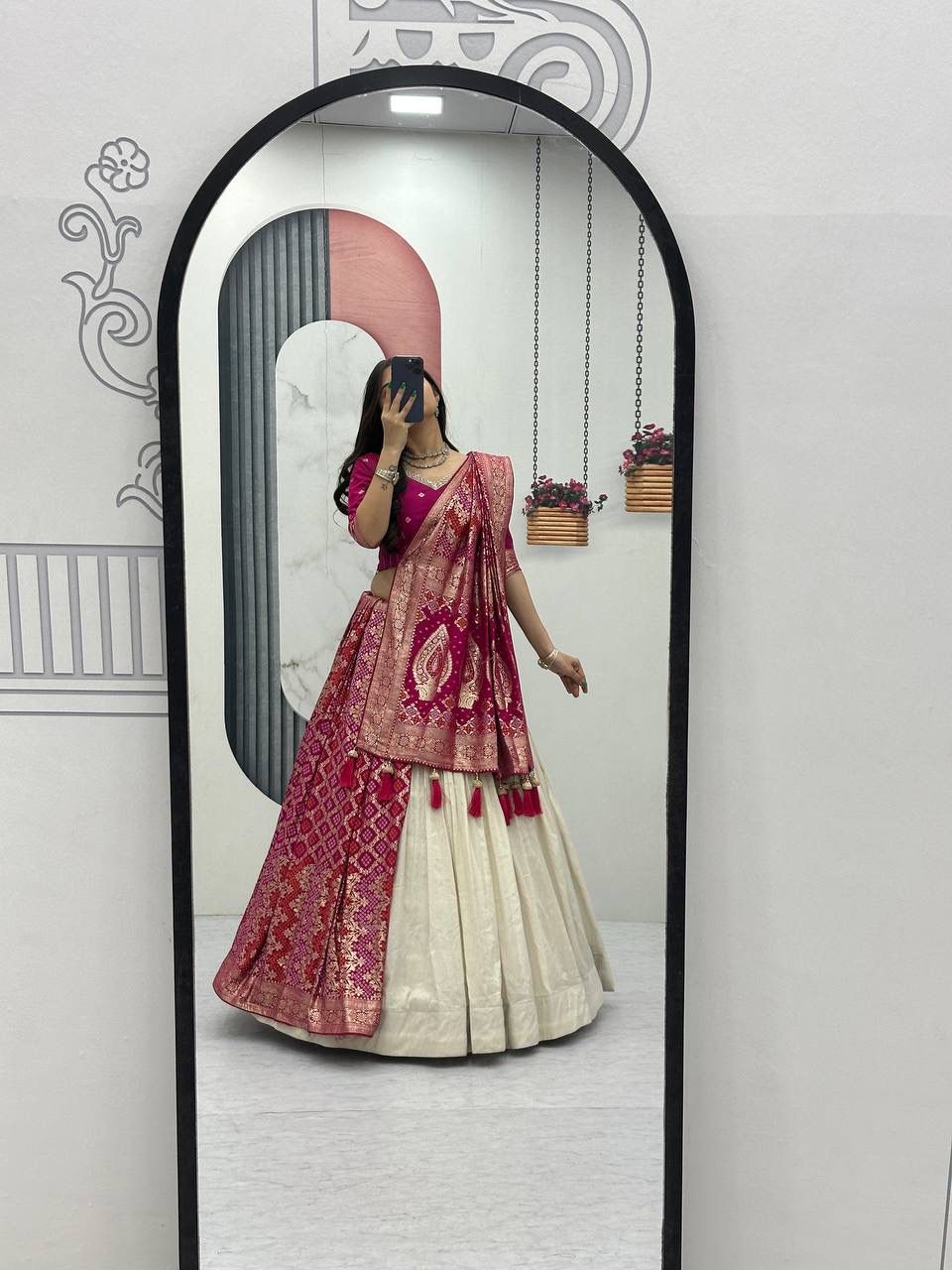 Wedding Special Jacquard Silk Saree dupatta & Pure Simar Silk Lehenga Set with Moti Work Blouse