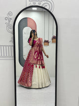 Wedding Special Jacquard Silk Saree dupatta & Pure Simar Silk Lehenga Set with Moti Work Blouse