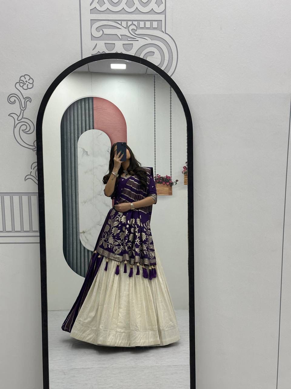 Wedding Special Jacquard Silk Saree dupatta & Pure Simar Silk Lehenga Set with Moti Work Blouse