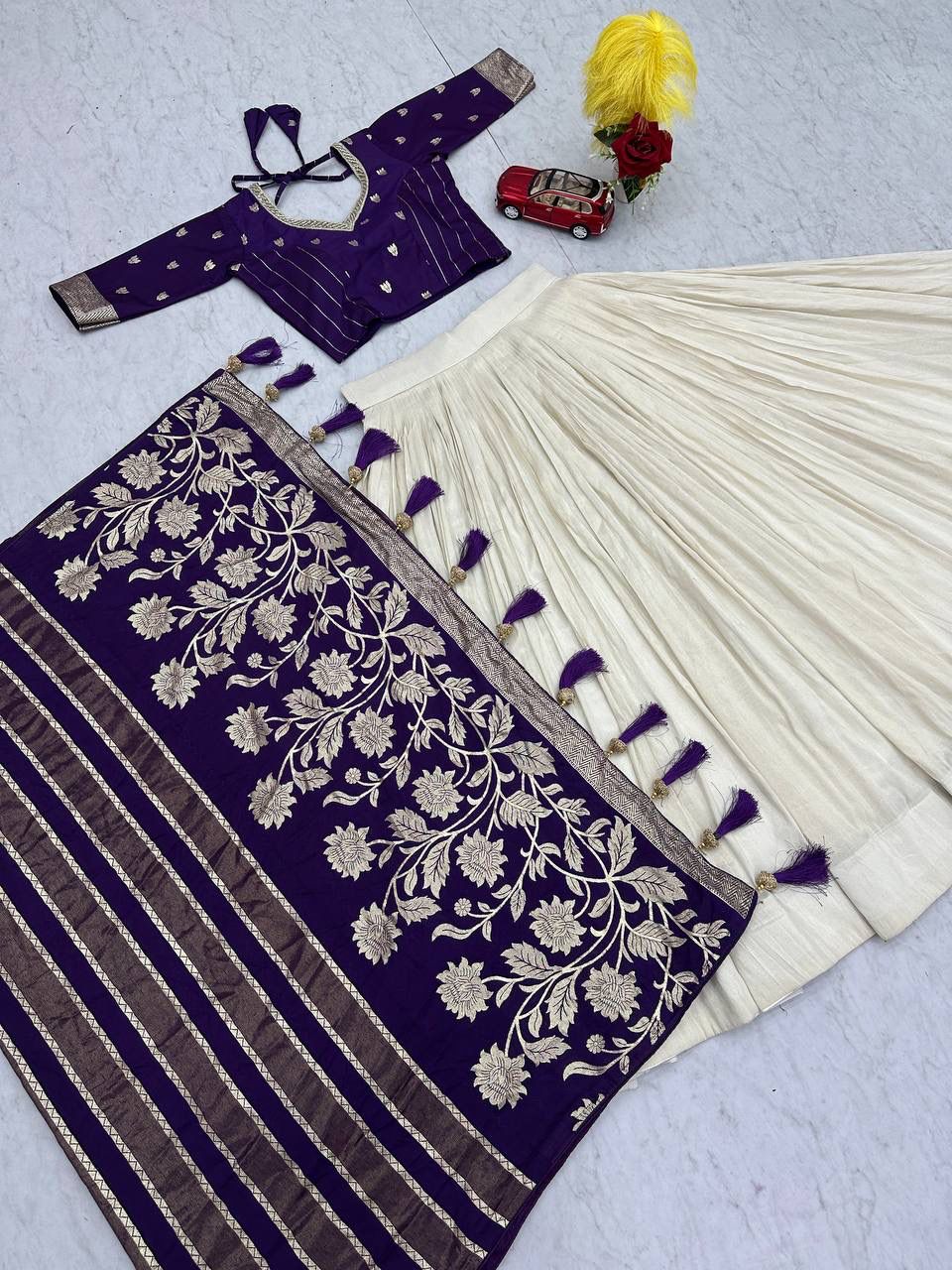 Wedding Special Jacquard Silk Saree dupatta & Pure Simar Silk Lehenga Set with Moti Work Blouse
