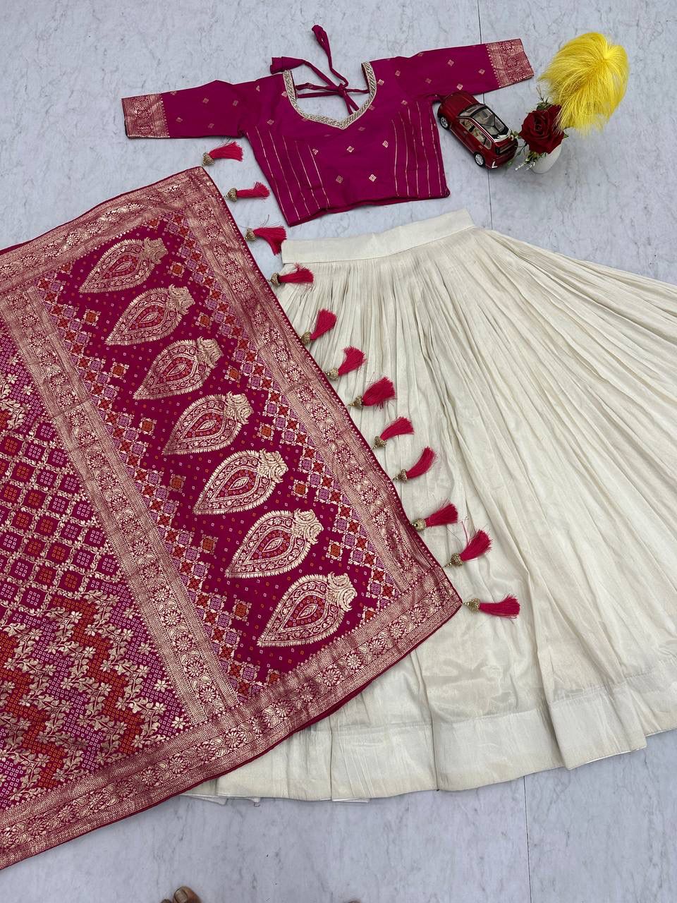 Wedding Special Jacquard Silk Saree dupatta & Pure Simar Silk Lehenga Set with Moti Work Blouse