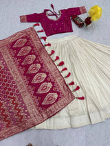 Wedding Special Jacquard Silk Saree dupatta & Pure Simar Silk Lehenga Set with Moti Work Blouse