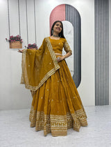 Festival Special Pure Gold Crush Lehenga Choli Set with Heavy Embroidery & Sequins Work – Fully Stitched