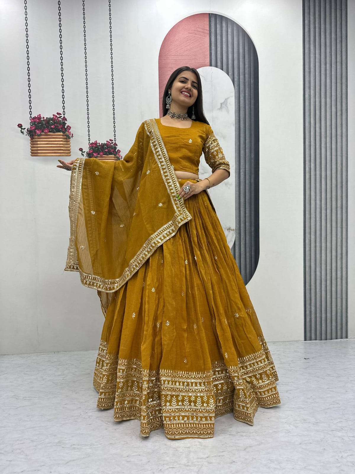 Festival Special Pure Gold Crush Lehenga Choli Set with Heavy Embroidery & Sequins Work – Fully Stitched