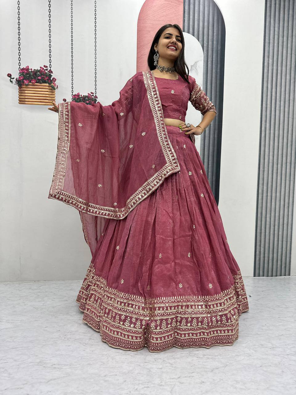 Festival Special Pure Gold Crush Lehenga Choli Set with Heavy Embroidery & Sequins Work – Fully Stitched