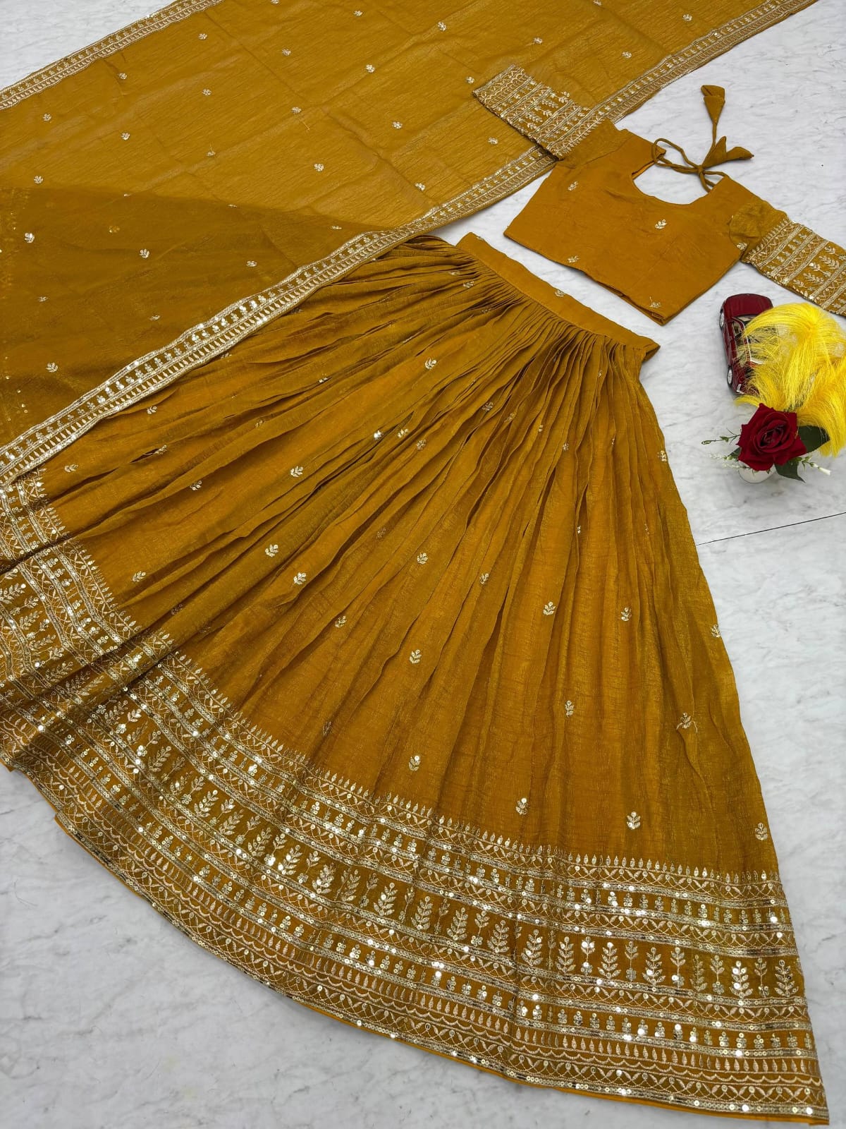 Festival Special Pure Gold Crush Lehenga Choli Set with Heavy Embroidery & Sequins Work – Fully Stitched