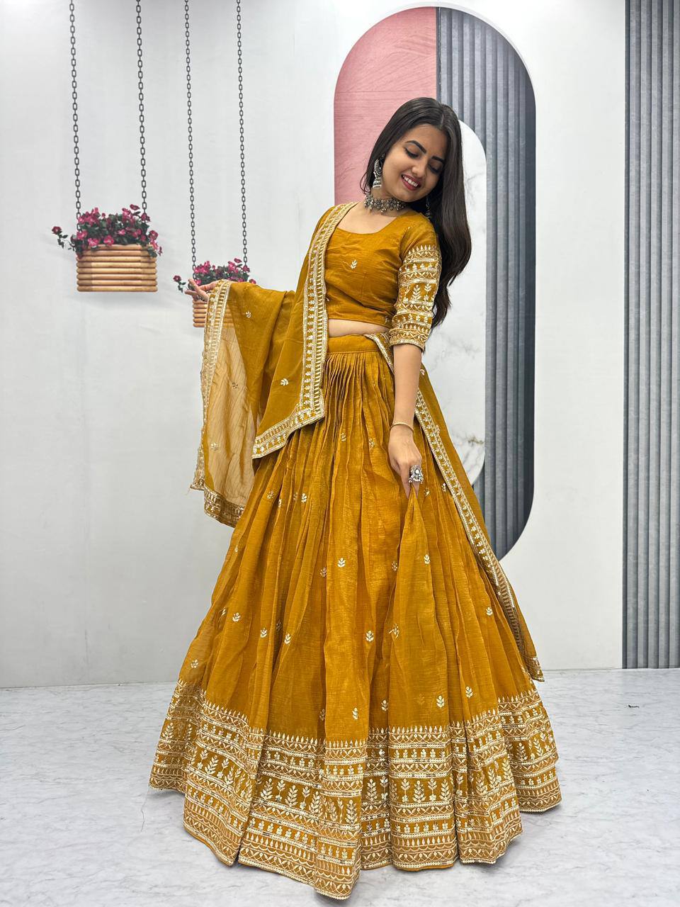 Festival Special Pure Gold Crush Lehenga Choli Set with Heavy Embroidery & Sequins Work – Fully Stitched