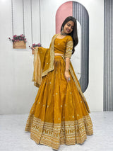 Festival Special Pure Gold Crush Lehenga Choli Set with Heavy Embroidery & Sequins Work – Fully Stitched