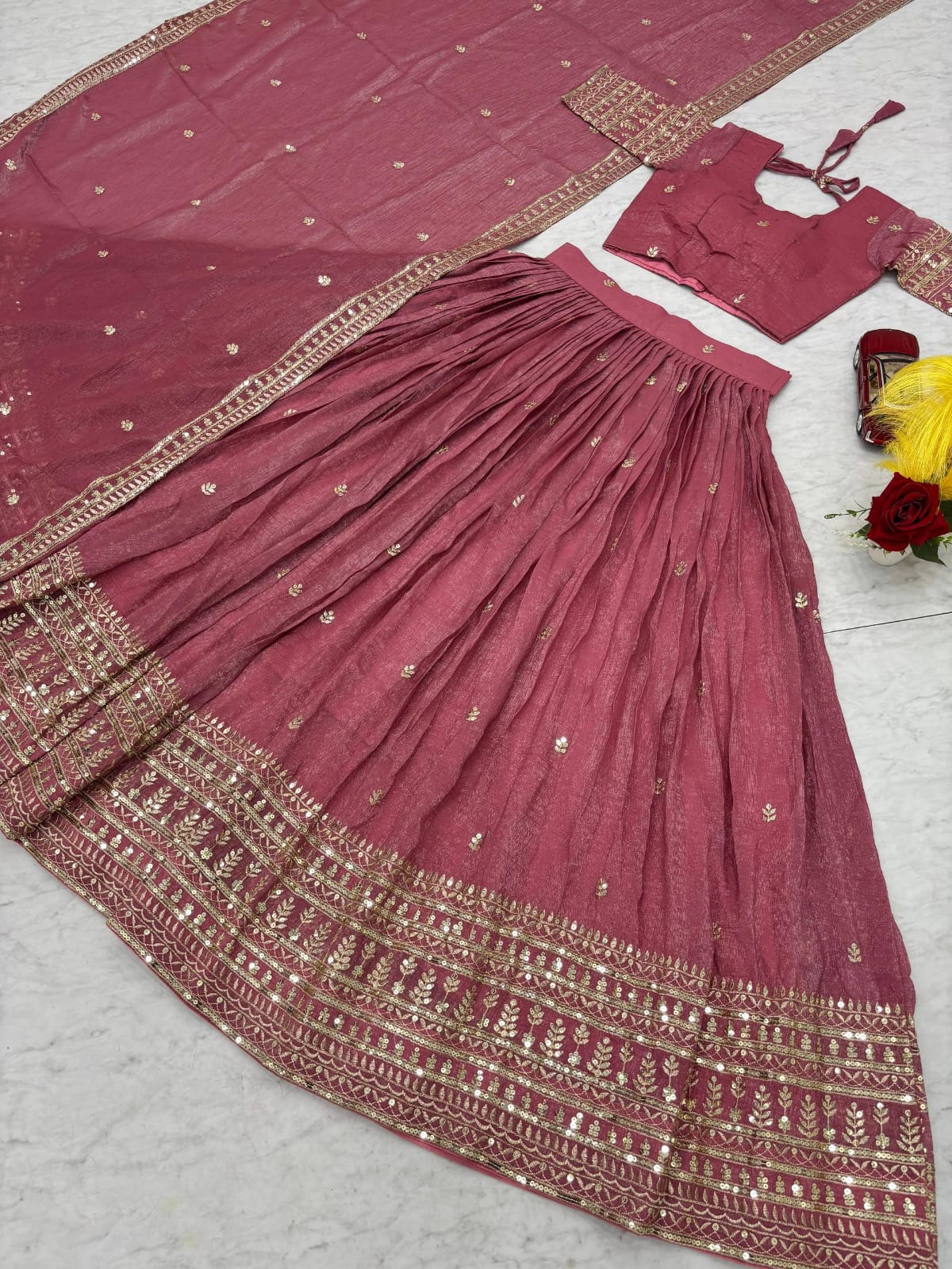 Festival Special Pure Gold Crush Lehenga Choli Set with Heavy Embroidery & Sequins Work – Fully Stitched
