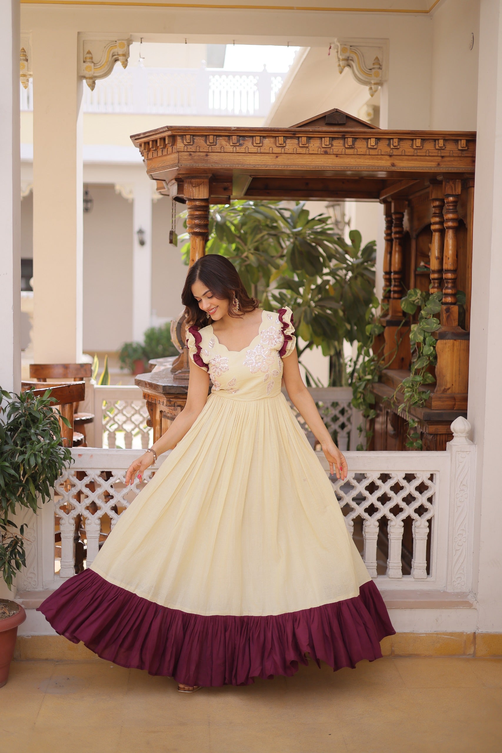 Premium Designer Cotton Gown with Sequins & Multithread Embroidery – 7 Meter Flair, Sleeveless Party Wear