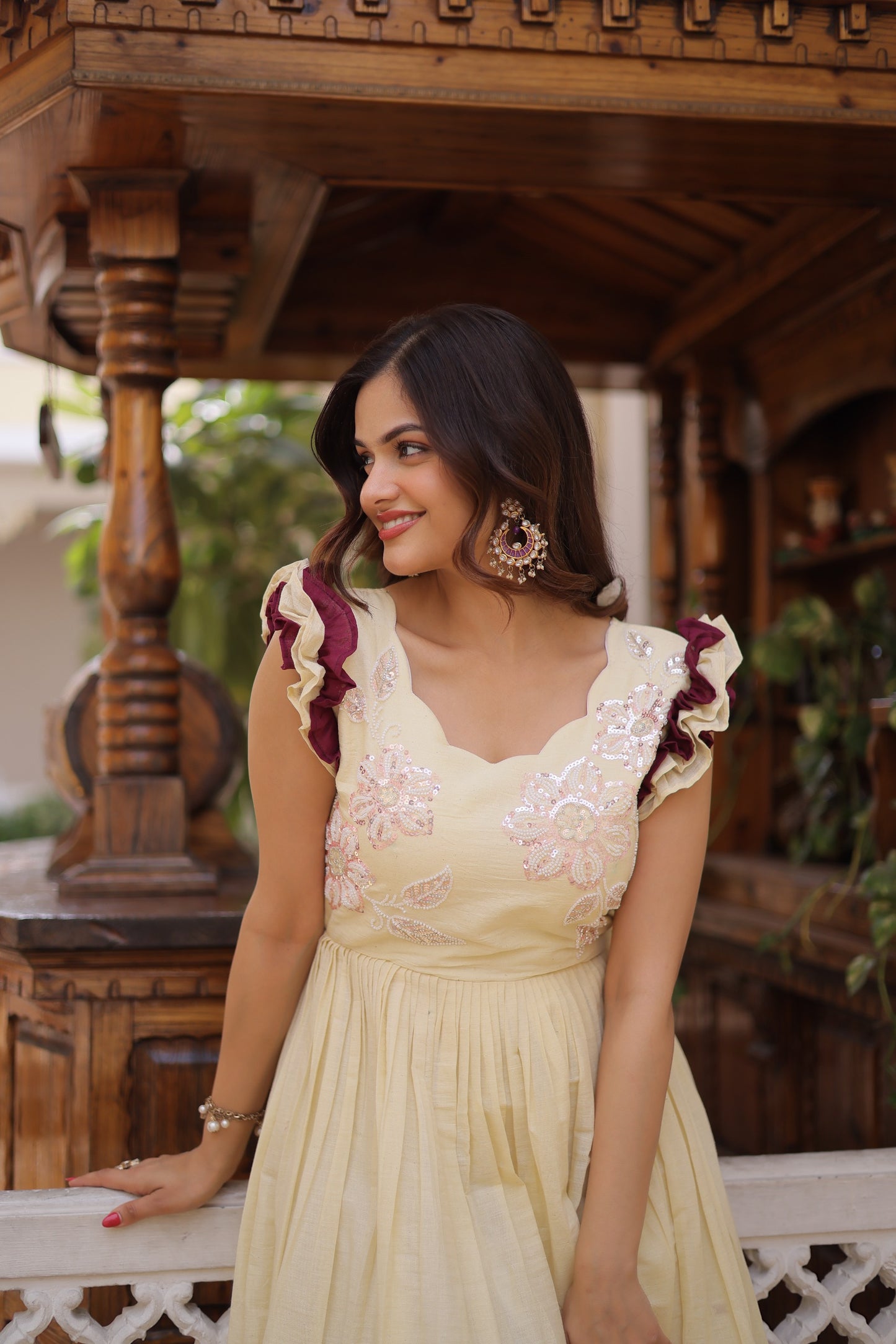 Premium Designer Cotton Gown with Sequins & Multithread Embroidery – 7 Meter Flair, Sleeveless Party Wear