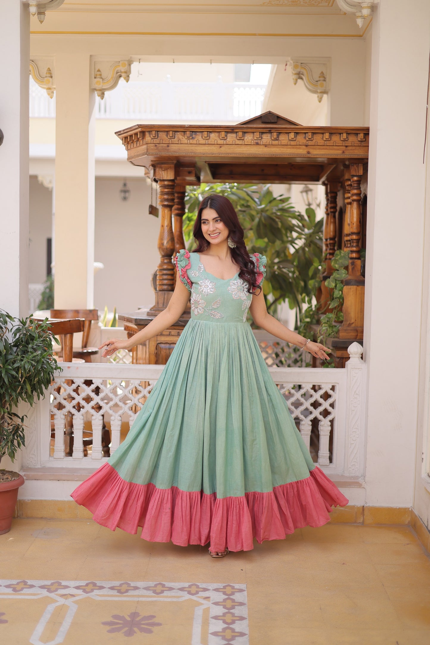 Premium Designer Cotton Gown with Sequins & Multithread Embroidery – 7 Meter Flair, Sleeveless Party Wear