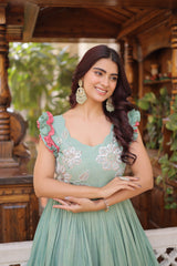 Premium Designer Cotton Gown with Sequins & Multithread Embroidery – 7 Meter Flair, Sleeveless Party Wear