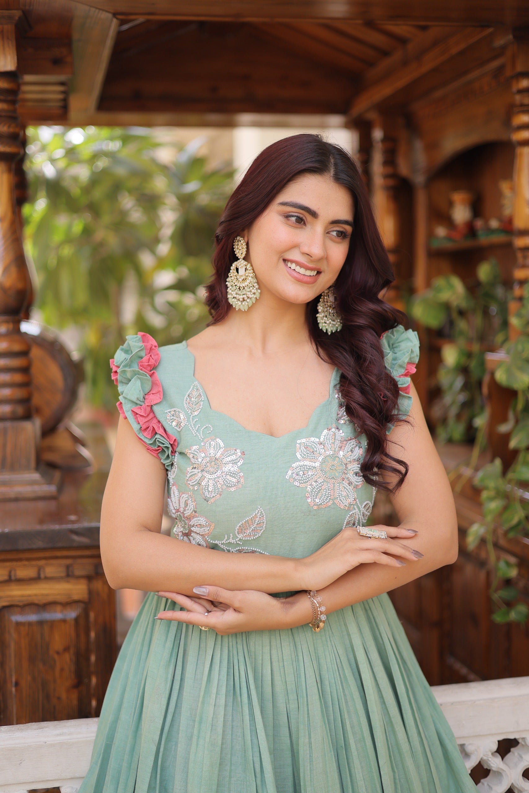 Premium Designer Cotton Gown with Sequins & Multithread Embroidery – 7 Meter Flair, Sleeveless Party Wear