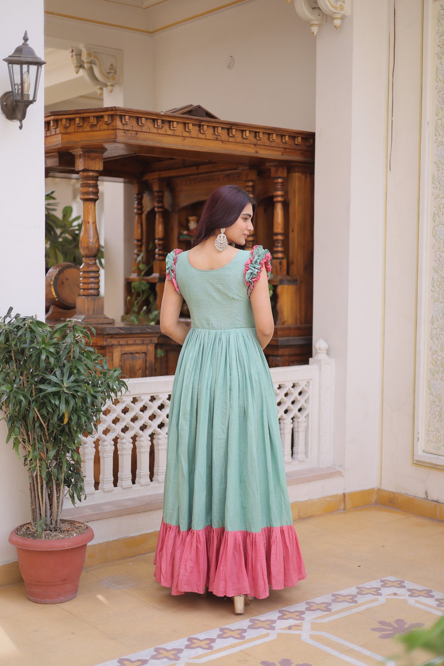 Premium Designer Cotton Gown with Sequins & Multithread Embroidery – 7 Meter Flair, Sleeveless Party Wear