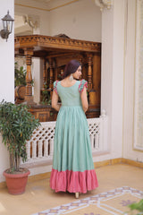 Premium Designer Cotton Gown with Sequins & Multithread Embroidery – 7 Meter Flair, Sleeveless Party Wear