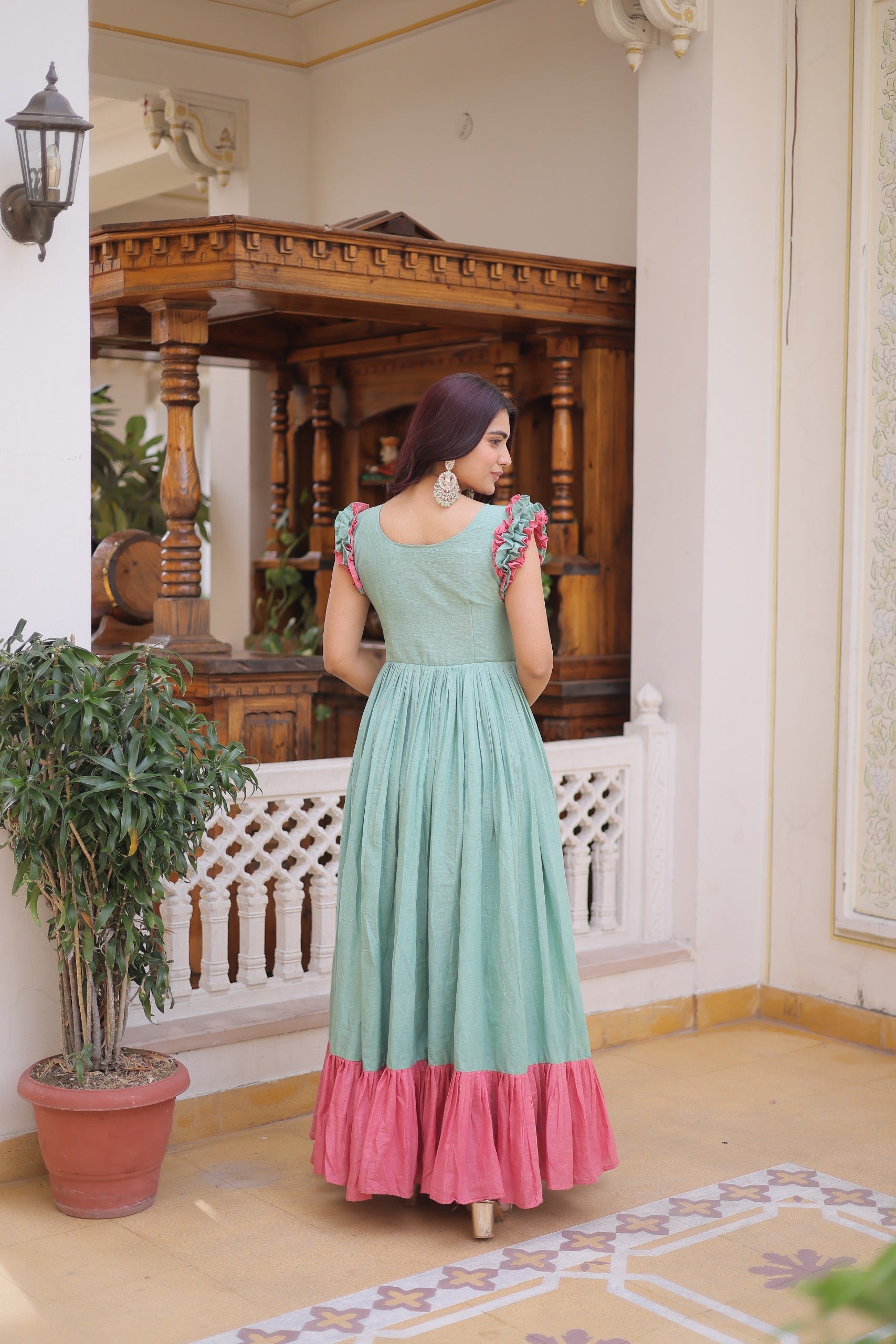 Premium Designer Cotton Gown with Sequins & Multithread Embroidery – 7 Meter Flair, Sleeveless Party Wear
