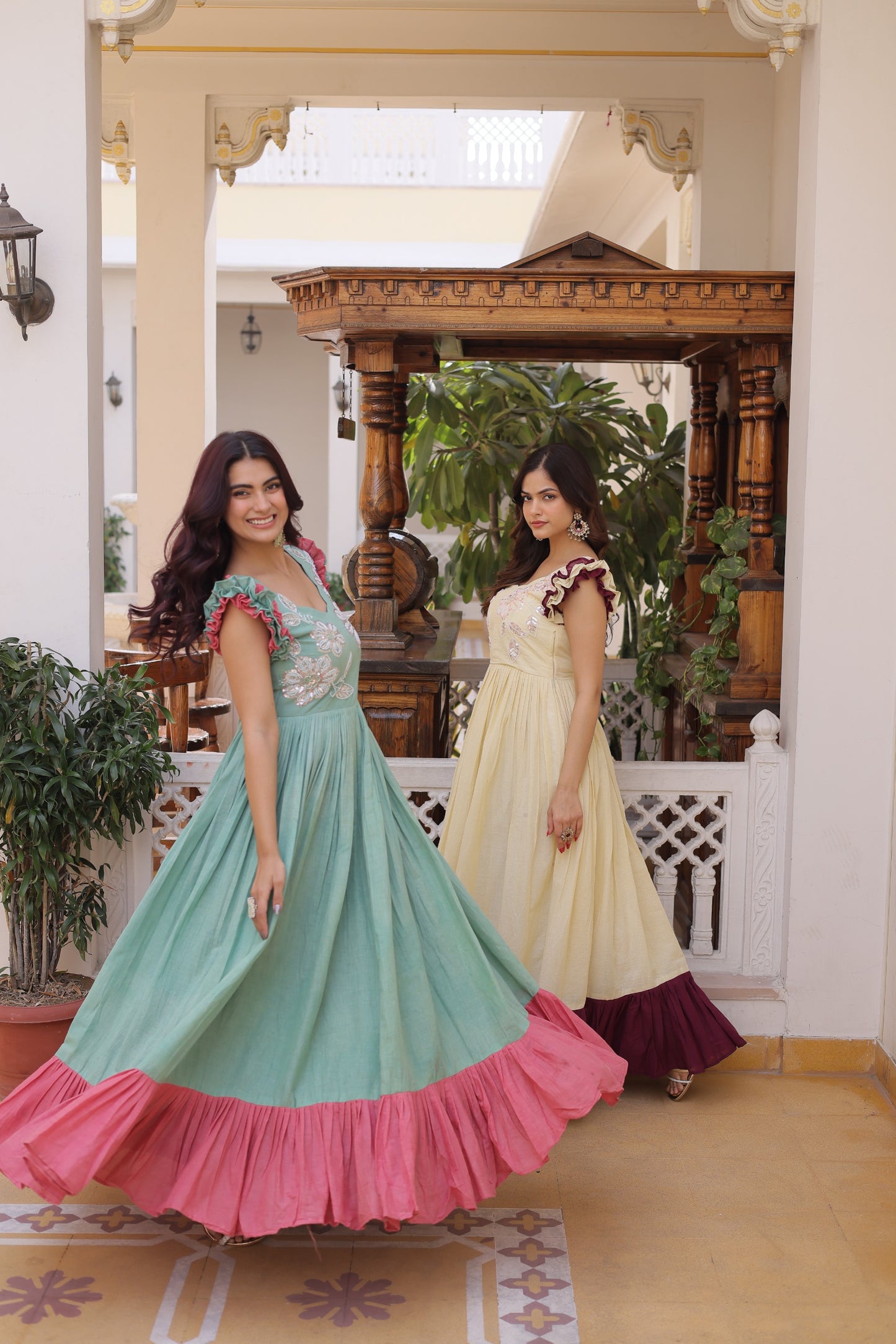 Premium Designer Cotton Gown with Sequins & Multithread Embroidery – 7 Meter Flair, Sleeveless Party Wear