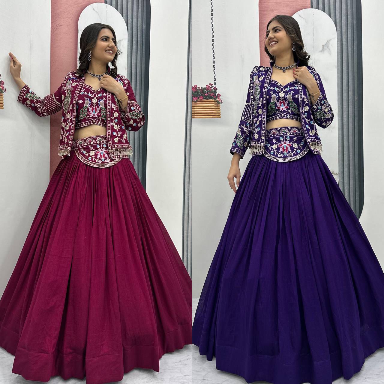 Festival Special Vichitra Silk Crop Top Lehenga with Embroidered Jacket