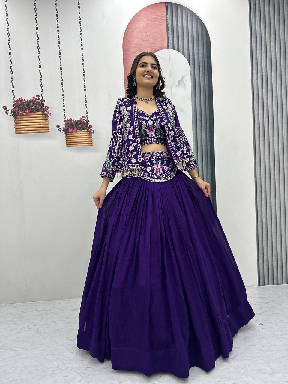 Festival Special Vichitra Silk Crop Top Lehenga with Embroidered Jacket