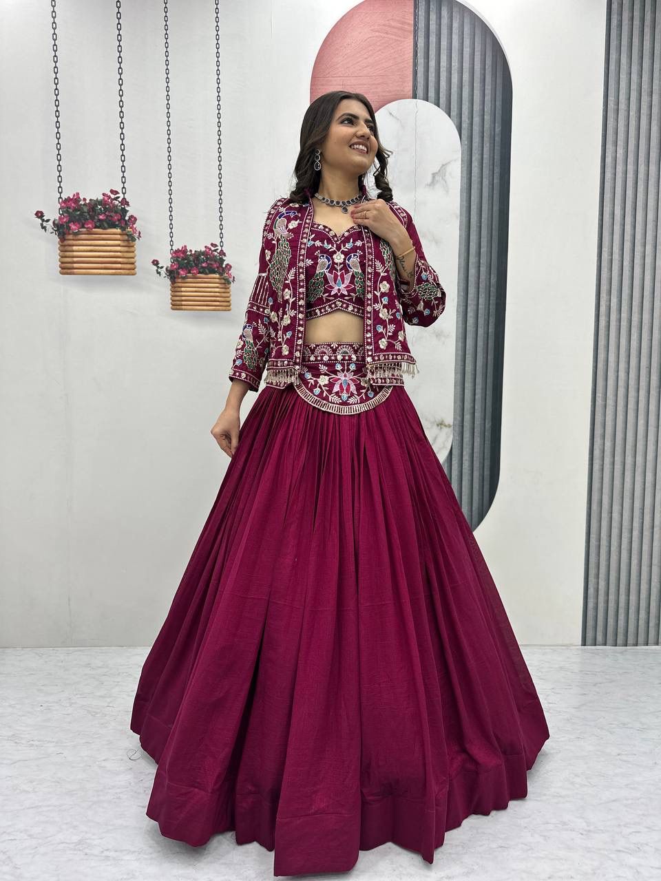 Festival Special Vichitra Silk Crop Top Lehenga with Embroidered Jacket