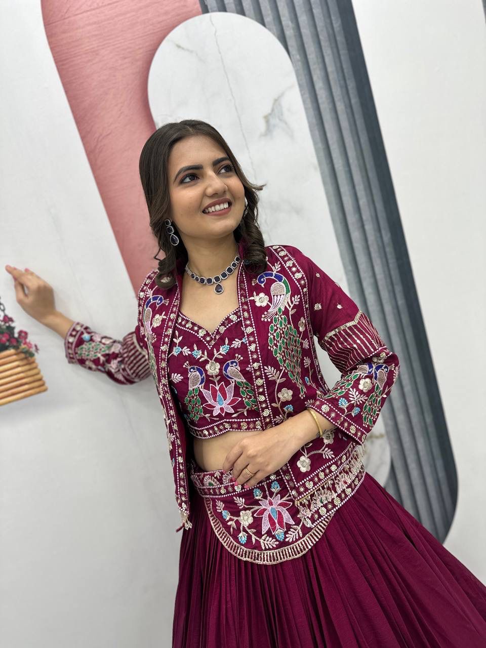 Festival Special Vichitra Silk Crop Top Lehenga with Embroidered Jacket