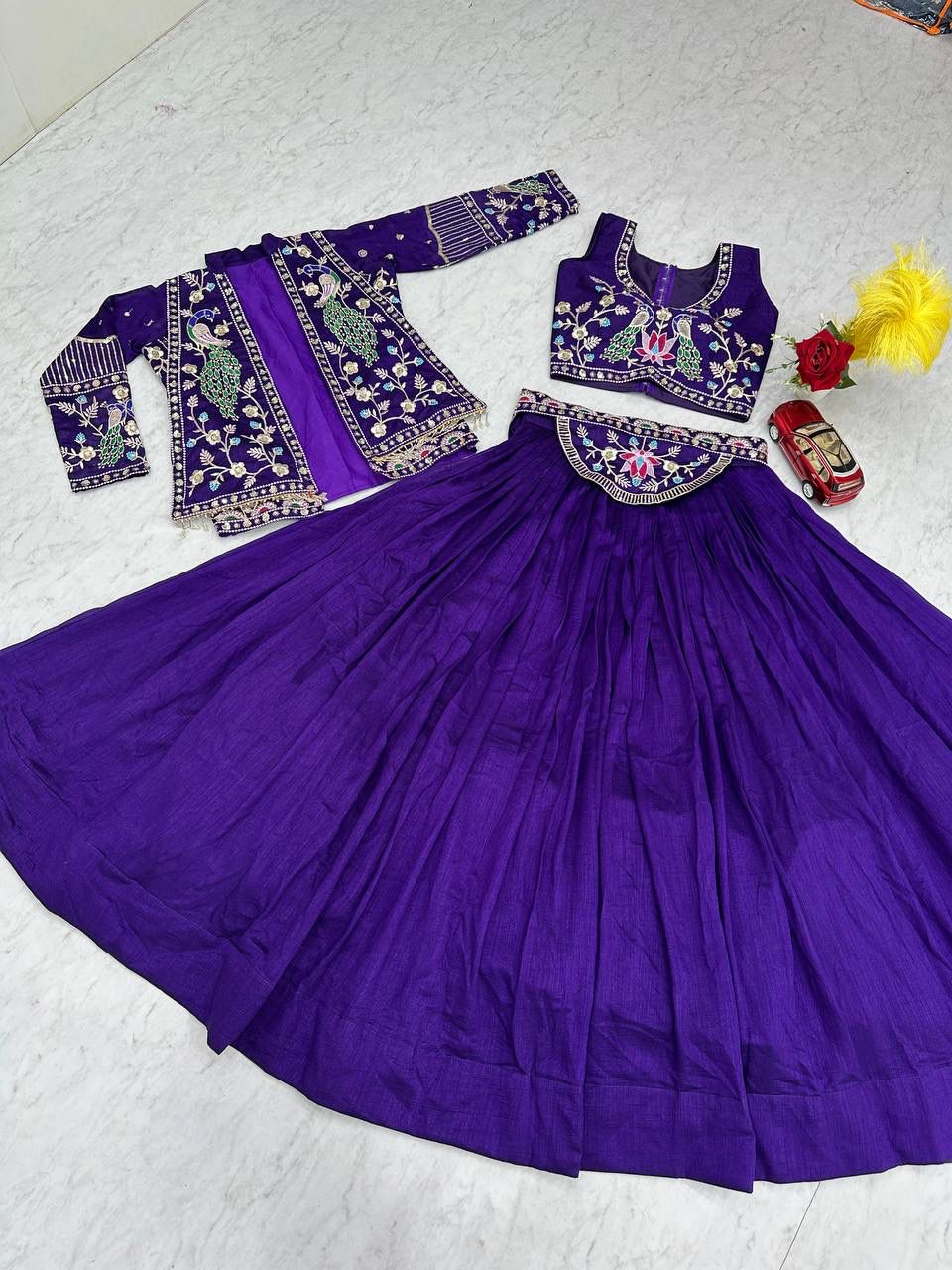 Festival Special Vichitra Silk Crop Top Lehenga with Embroidered Jacket