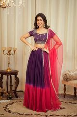 Shaded Georgette Lehenga Set with Thai Silk Zari Blouse & Net Dupatta – 3.5 Meter Flair